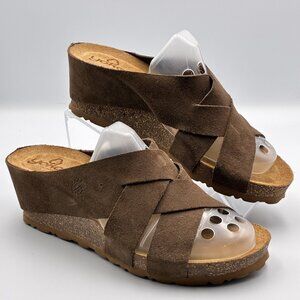 Yokono Coffee Color Suede Slip On Cork Wedge Sandals Size 7.5 Made in Spain